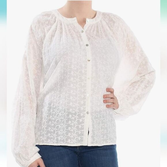 Free people small top embroidered floral peasant blouse white button down lace - Picture 4 of 11
